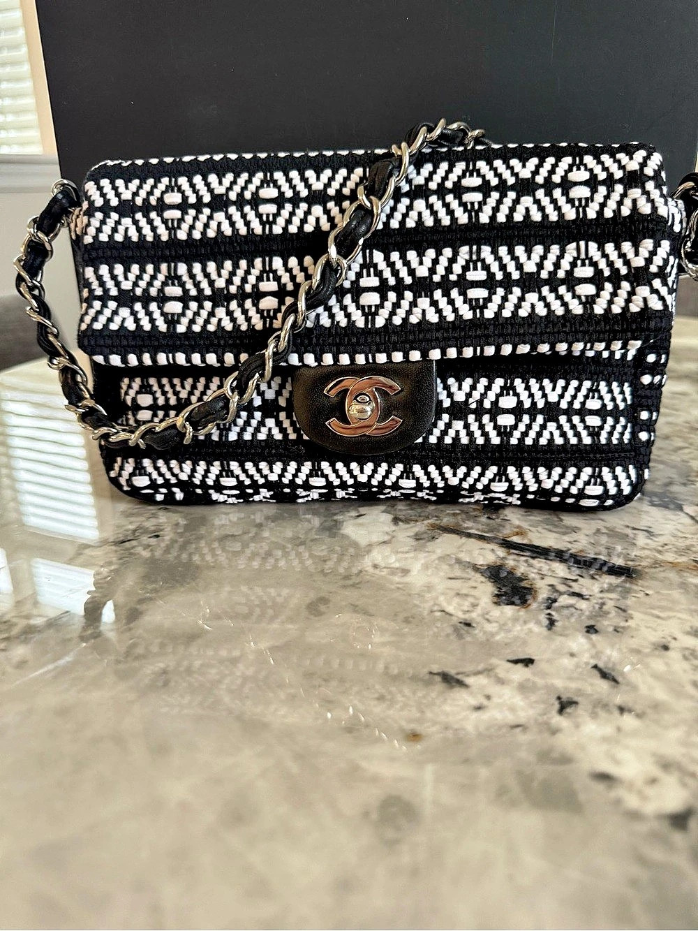 Chanel Fancy Crochet Flap Bag Shoulder Bag Black & White